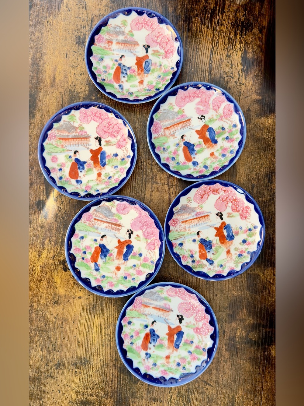 Hand-Painted Japanese Geisha Girl "Courtship" Saucers (5”) (Set of 6)